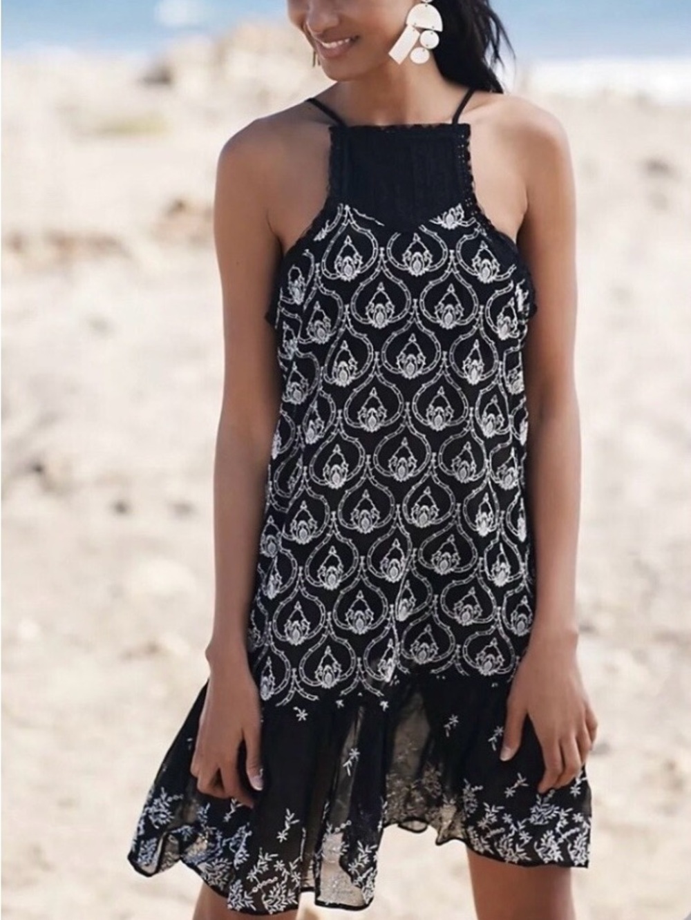 Anthropologie Black Dress with White Embroidered Paisley Detail